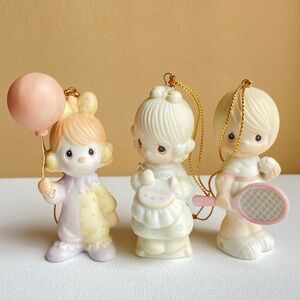 Precious Moments 1980s Christmas Tree ornaments trio in bisque porcelain Enesco